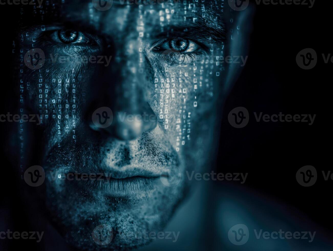 Close-up of a man's face with digital code overlay symbolizing cybersecurity or hacking themes photo