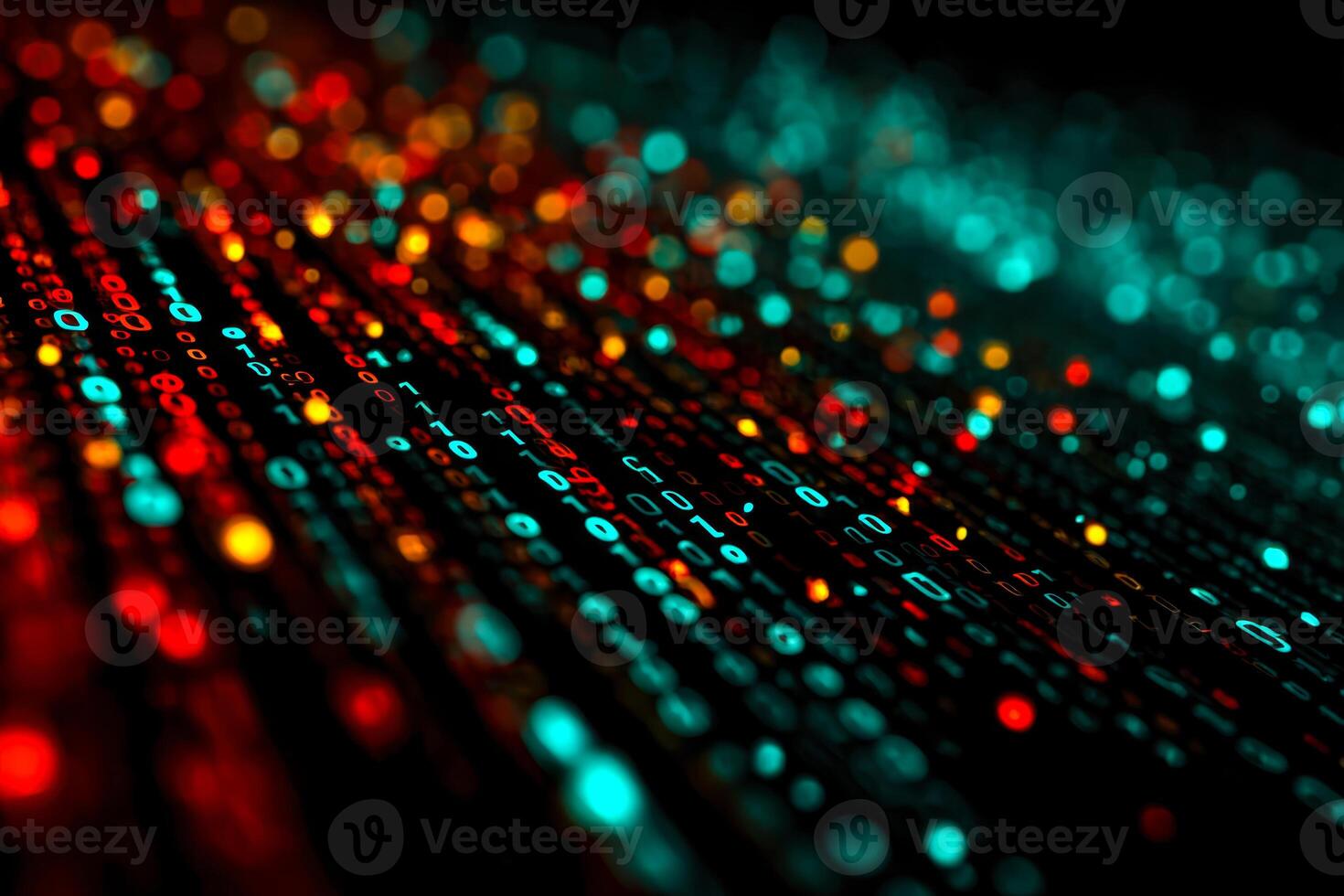 Abstract digital data streams with vibrant glowing binary code and bokeh lights photo