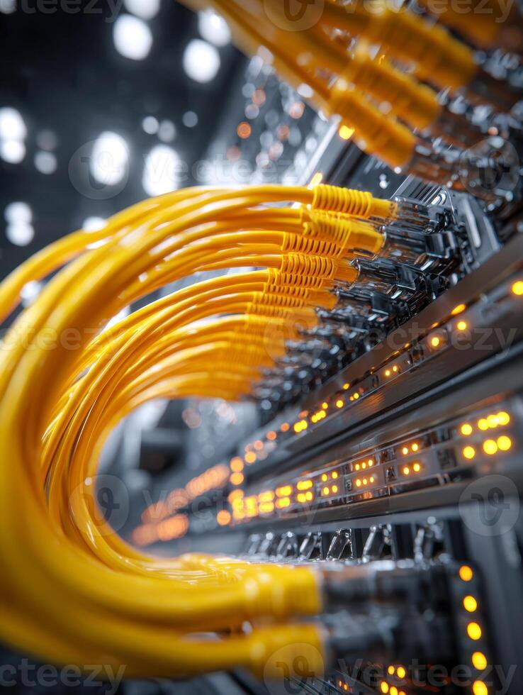 Close-up of high-speed yellow network cables plugged into a data center server rack with blinking status lights creating a dynamic technology connection scene photo