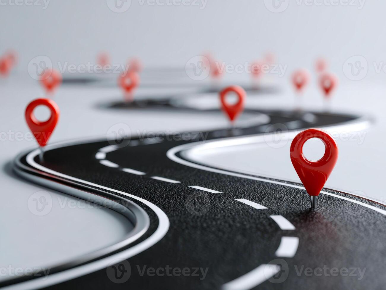 Symbolic representation of a journey or multiple destinations with a winding road lined with red location markers, illustrating progress, navigation, and exploration. photo