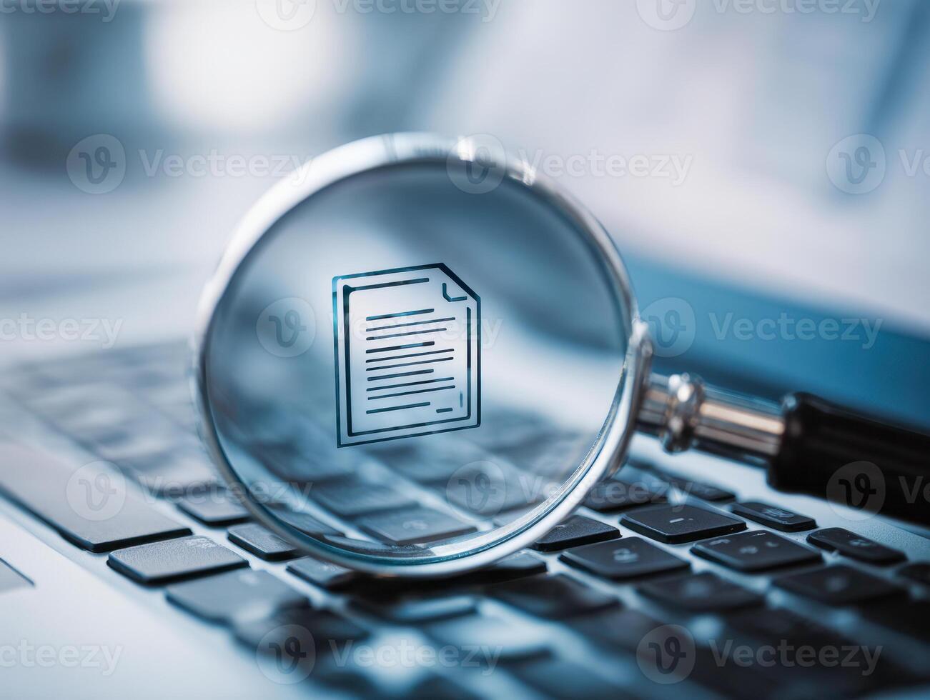 Close-up of a magnifying glass with a document icon reflecting on a laptop keyboard, symbolizing detailed review and analysis of digital documents or data. photo