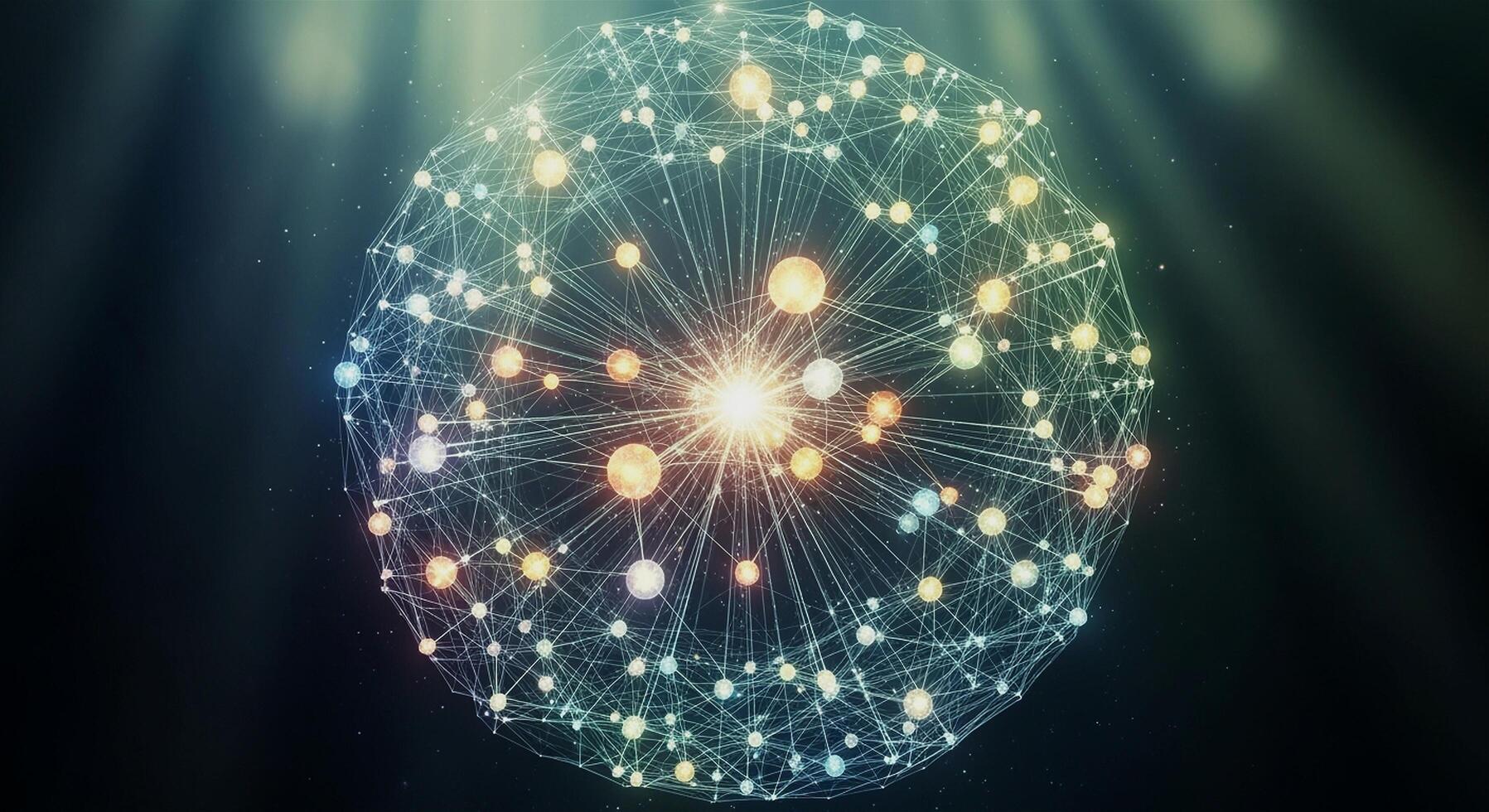 Abstract glowing sphere with connected dots and lines representing network, data, and technology. photo