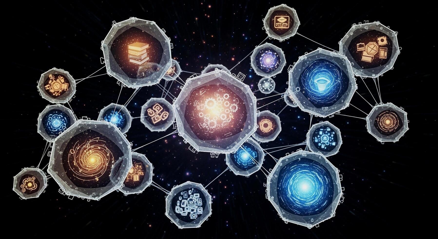 Abstract network of interconnected glowing cells or data nodes on a dark background, representing technology and science. photo