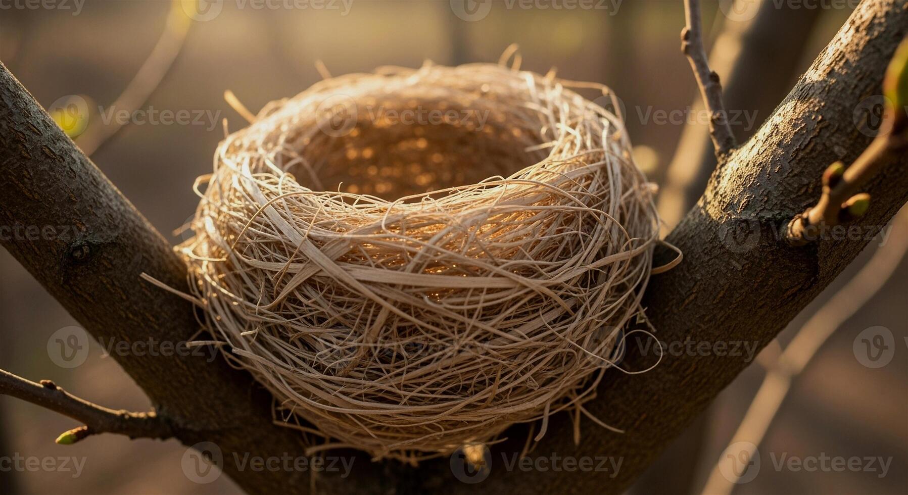 Empty birds nest nestled in a tree branch, bathed in warm sunlight, symbolizing natures cycle and new beginnings. photo