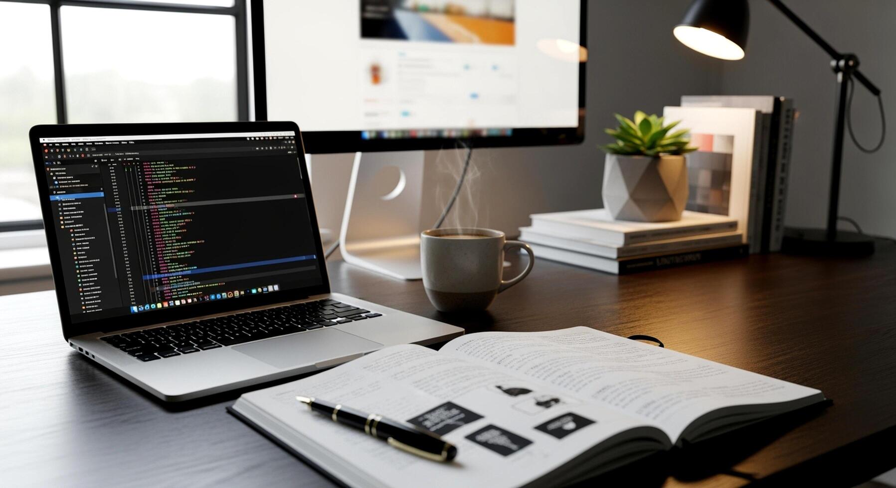 Workspace with Laptop, Monitor, and Notebook for Coding and Design. photo