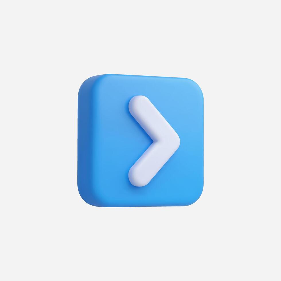 3D render of a blue square button with a white right arrow icon. vector
