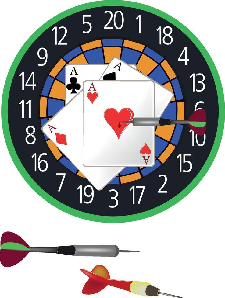 Dart piercing heart on ace of hearts playing card on dartboard vector