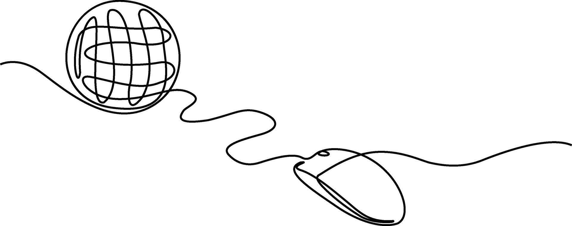 A continuous one-line drawing illustrates a globe symbol connected by a single flowing line to a computer mouse, representing global internet connectivity and digital communication. vector