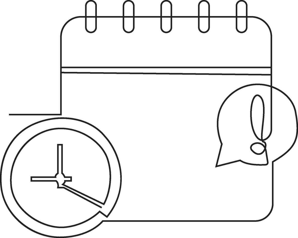 Continuous line drawing depicting a calendar, a clock, and a speech bubble with an exclamation mark, symbolizing important dates, time management, and urgent reminders or notifications. vector