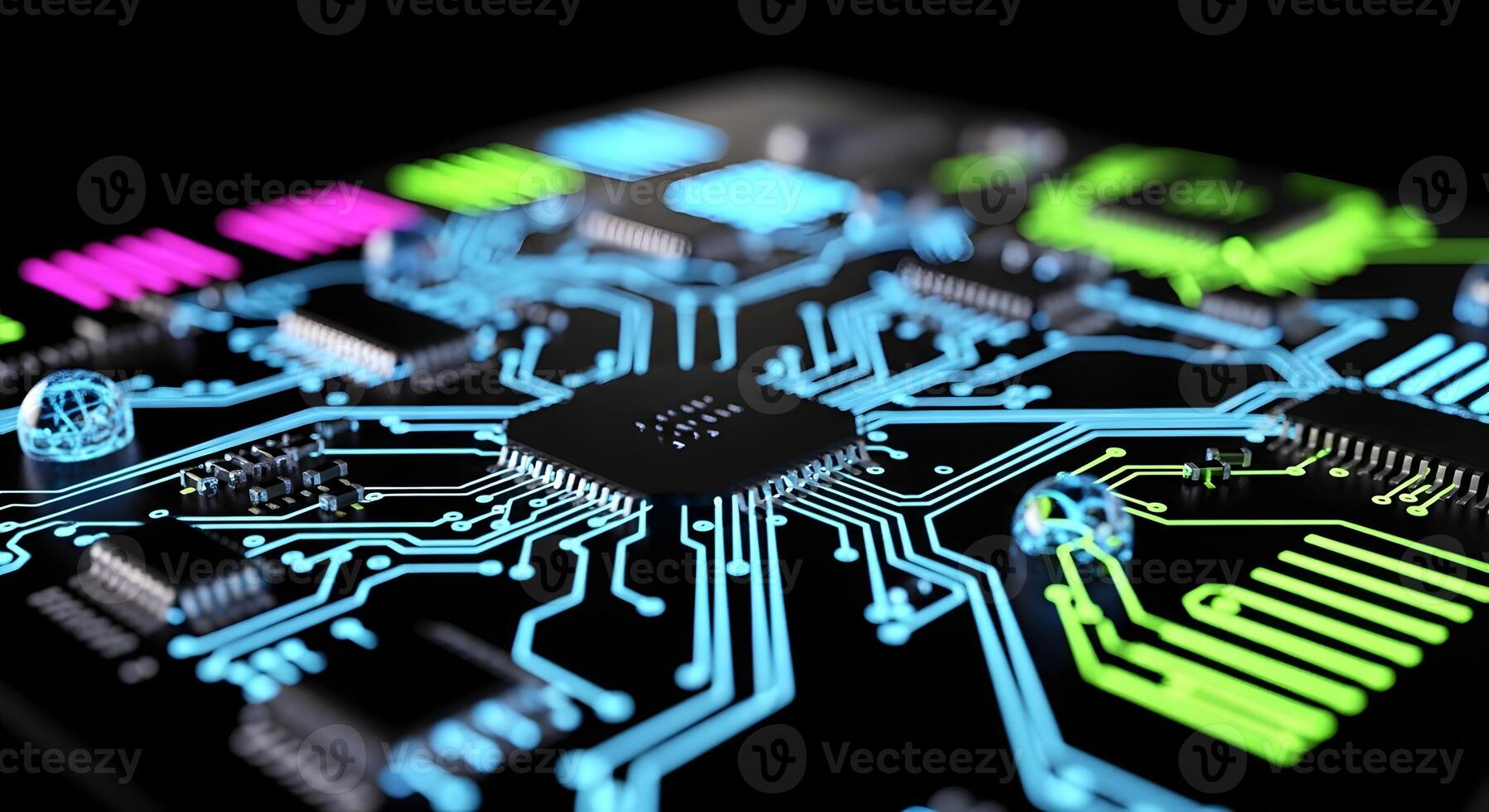 Abstract Futuristic Technology Background Circuit Board with Microchip and AI Brain photo