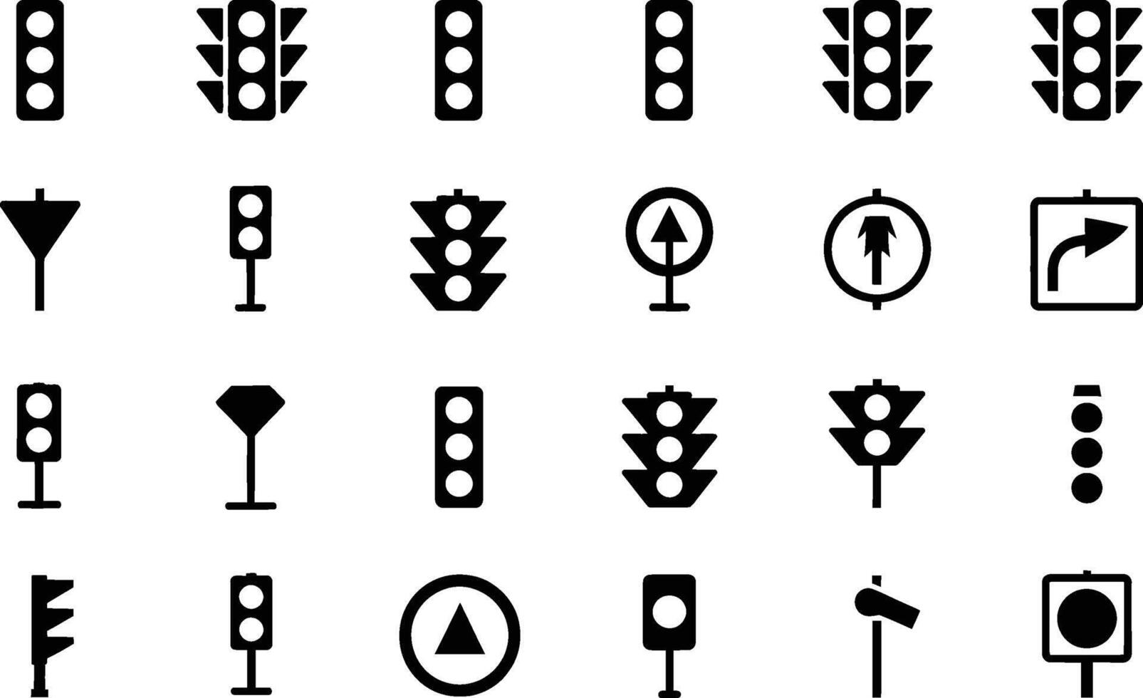A clean and organized collection of various traffic signs and signals representing road navigation and safety for design projects vector