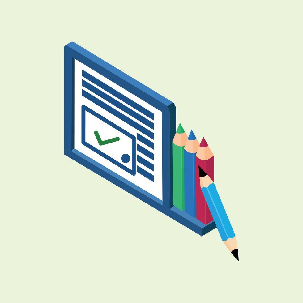 An isometric illustration of a board with a green check mark and a row of colored pencils, symbolizing education, creativity, and completing tasks. vector