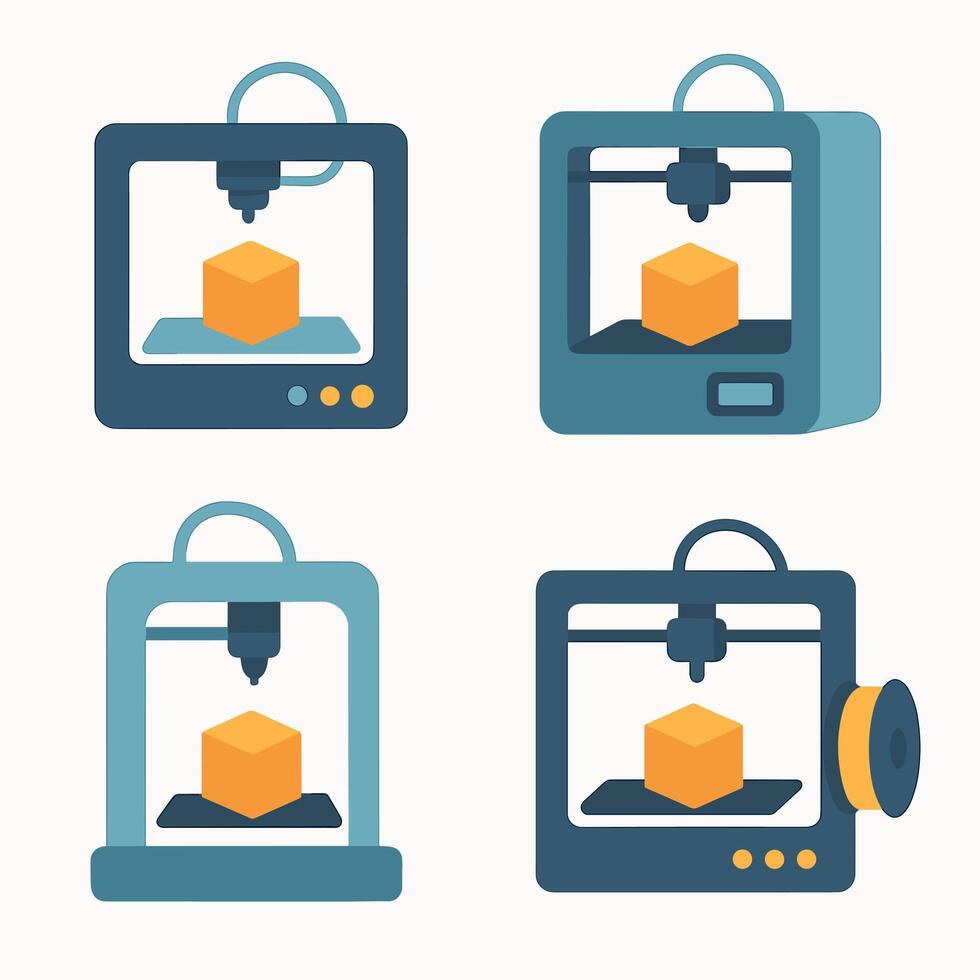 Flat Design 3D Printer Machine with Cube Printing Object Icon Set vector