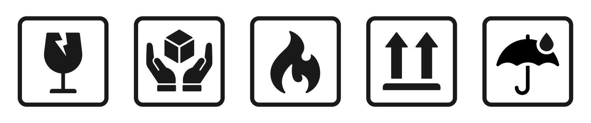 Packing symbol set. Fragile, handle with care, flammable, upward. vector