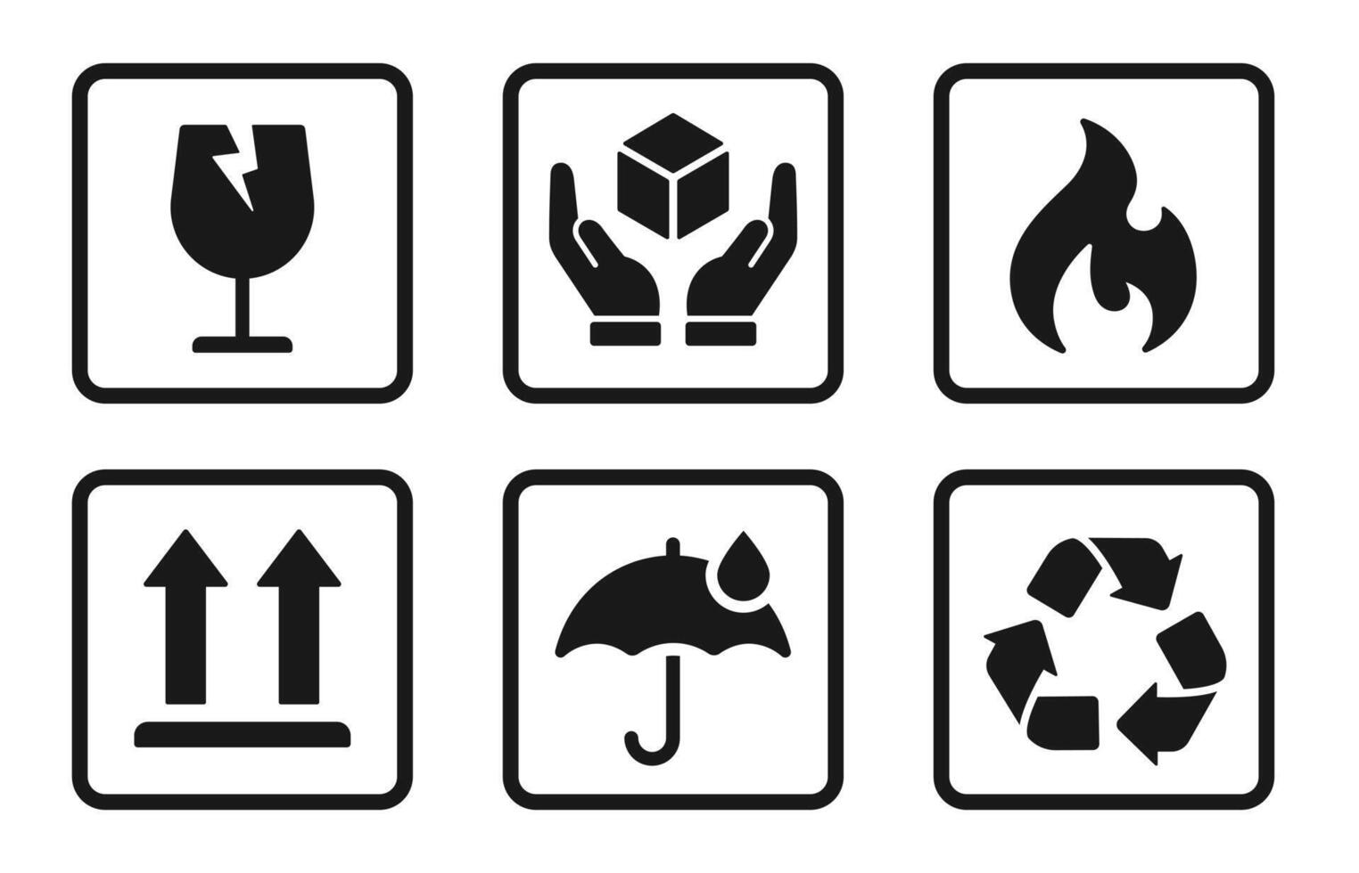 Packing symbol set. Fragile, handle with care, flammable, upward, keep dry, recycled simple signs. vector