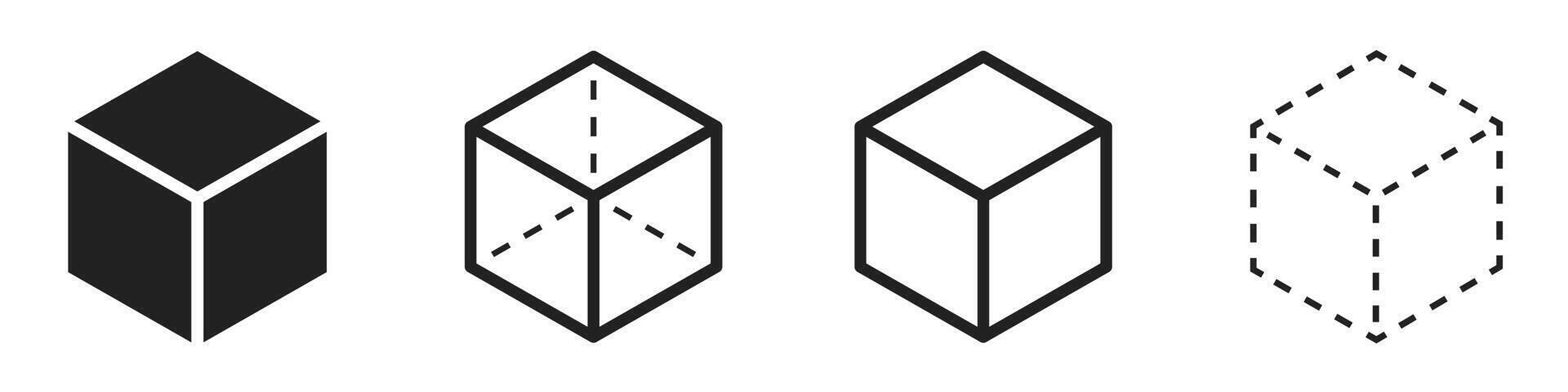 Cube icons set. Three-dimensional shape in flat, linear and dotted styles. 3D square isolated vector