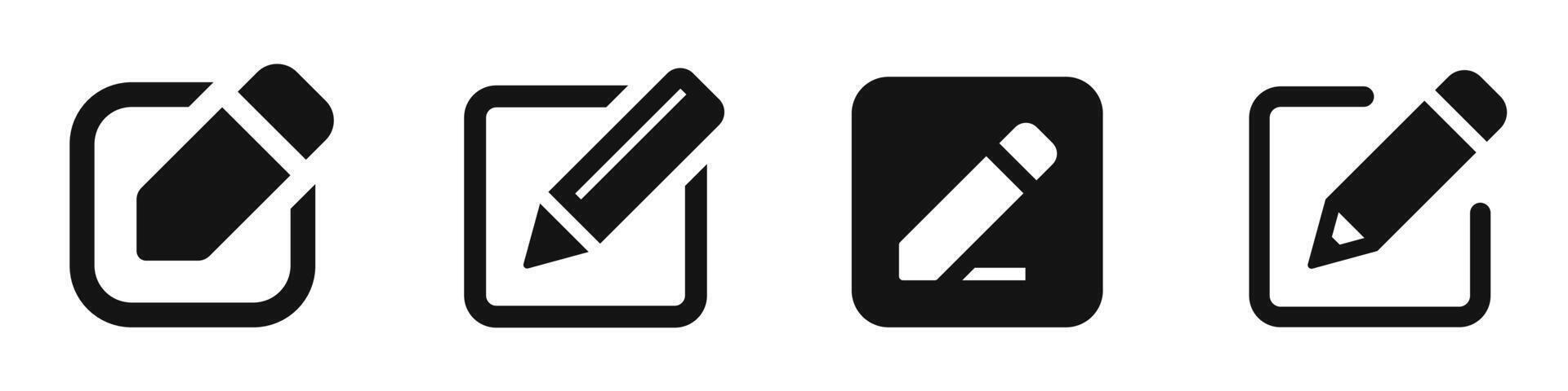 Edit icons set. Editing text symbol. Writing note, edit document, notepad, pencil, crayons, sign up, pen sign. vector