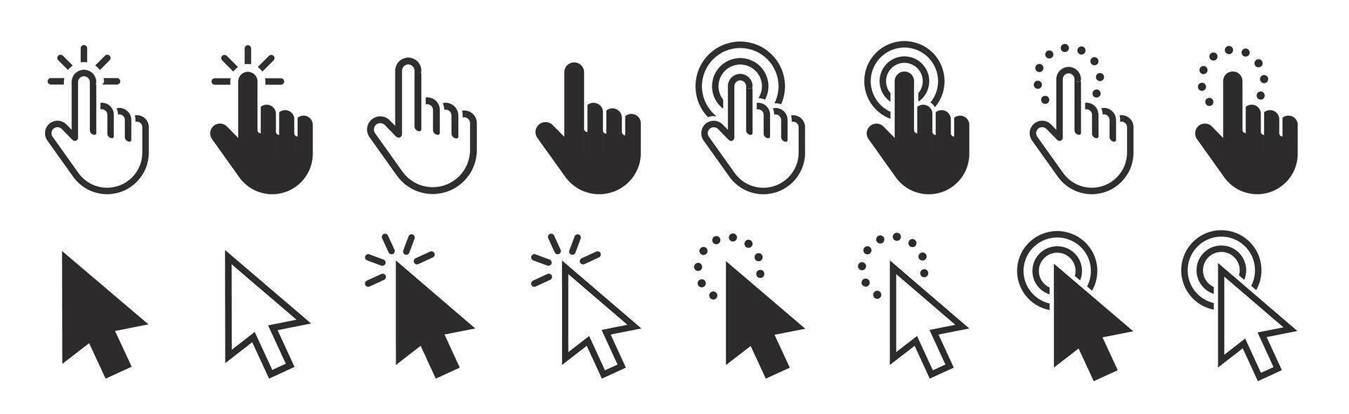 Computer mouse click cursor icon set. Hand and arrow pointer cursor vector
