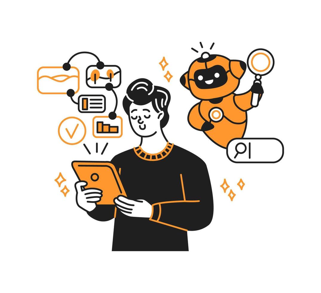 Illustration of a smiling man holding a tablet with an AI artificial intelligence assisting him. Minimalist orange and black design. Represents automation and technology integration. vector