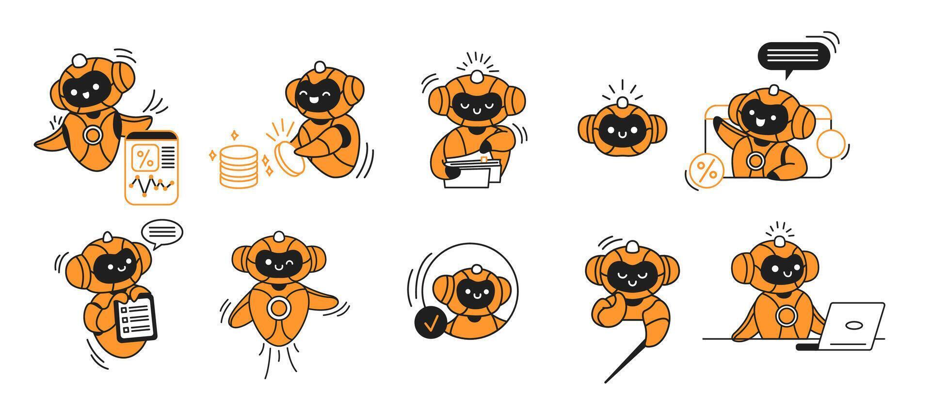 Illustration of cheerful artificial intelligence engaging in various activities. These activities include data analysis, communication, and multitasking. The style is playful and vibrant. vector