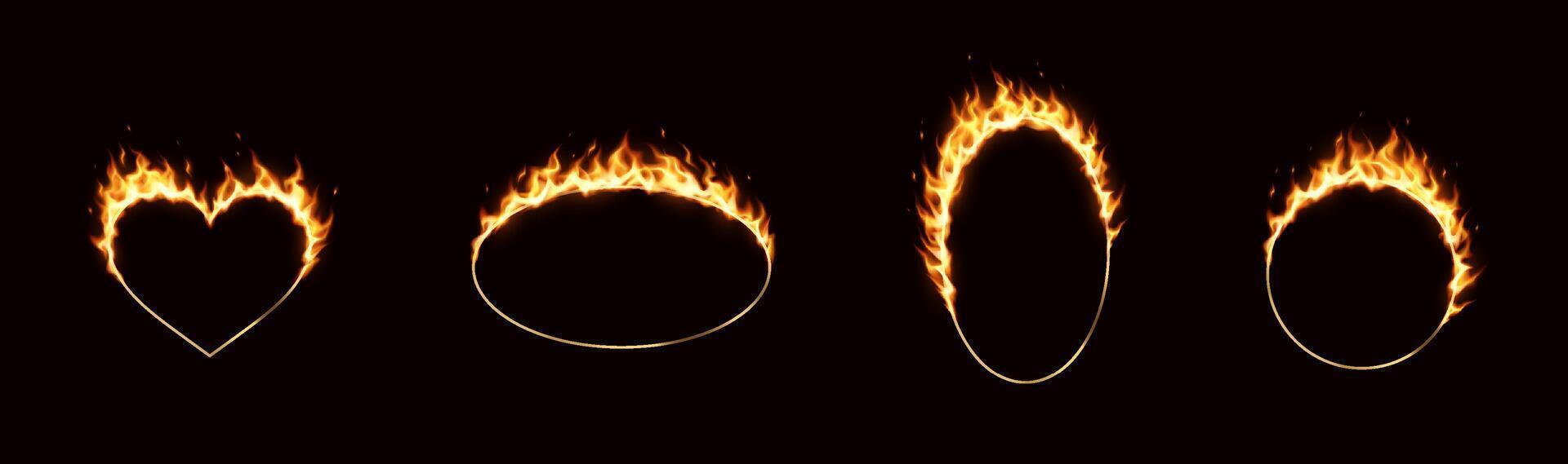 Illustration of blazing shapes on black backdrop. Fiery heart, circle, and other forms captured in vivid flames. Dynamic display of energy and passion. vector