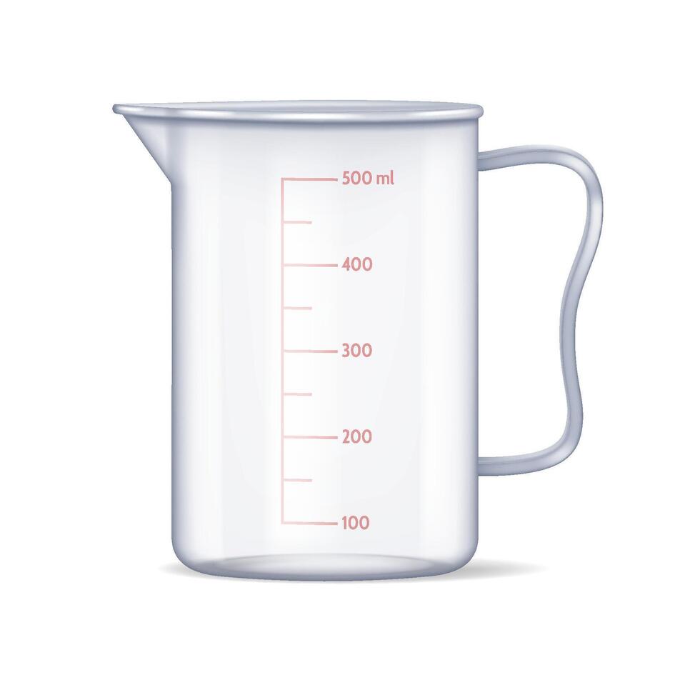 Illustration of a measuring cup with clear volume markings. Designed in a realistic style. Useful for kitchen measurements in culinary tasks. vector