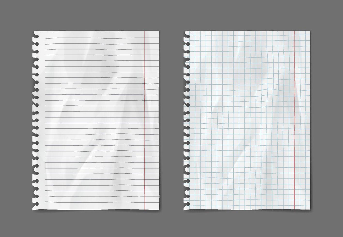 Realistic illustration of two white paper sheets. One is lined and the other is grid paper. Both on a dark gray background. Ideal for educational or office design. vector