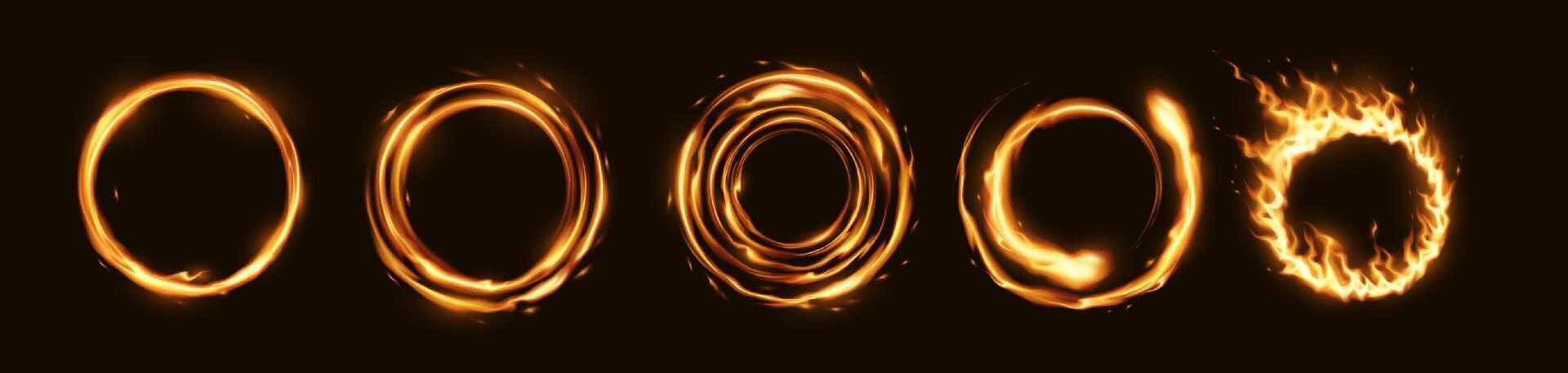 Set of five flaming circles in dynamic motion on a dark background. Each circle displays a unique fiery pattern with intense orange and yellow hues. Perfect for adding energy and warmth to designs. vector