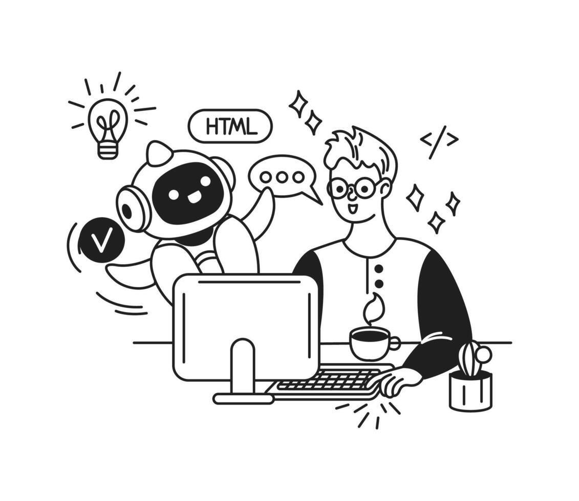 Line art of a programmer with a robot in a workspace. They discuss coding with a cheerful vibe. Monochrome palette highlights technology and innovation in a creative setting. vector