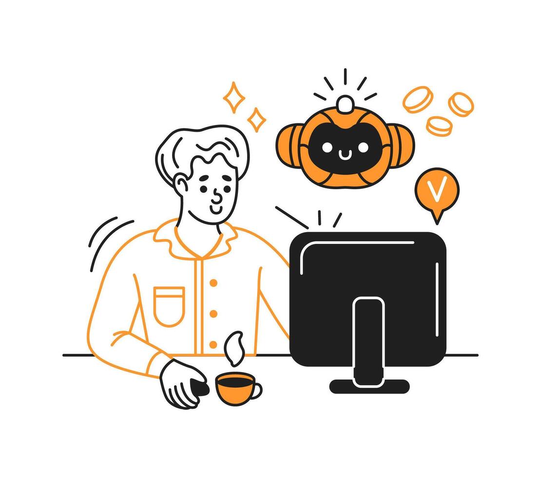 Illustration of a person with a smiling artificial intelligence floating near a computer. Bright orange and black colors create a modern tech atmosphere. Concept of innovative AI and human interaction vector