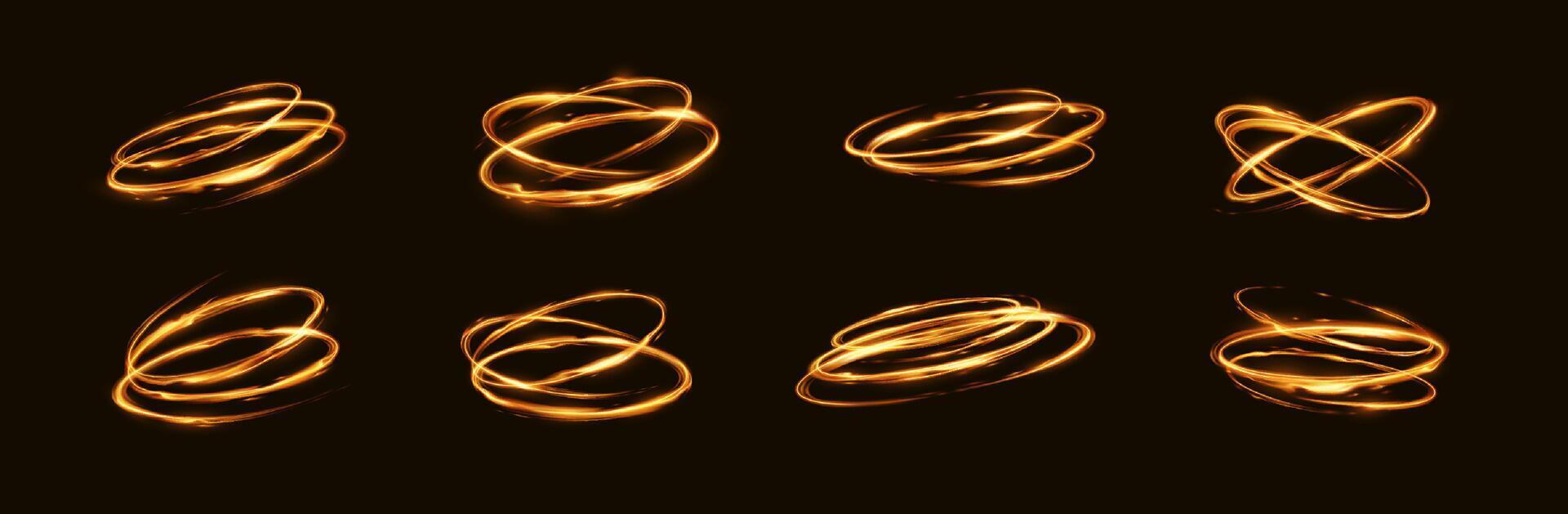 A collection of swirling golden light trails on a dark background. The abstract lines create a dynamic energy. Perfect for digital designs or backgrounds. vector