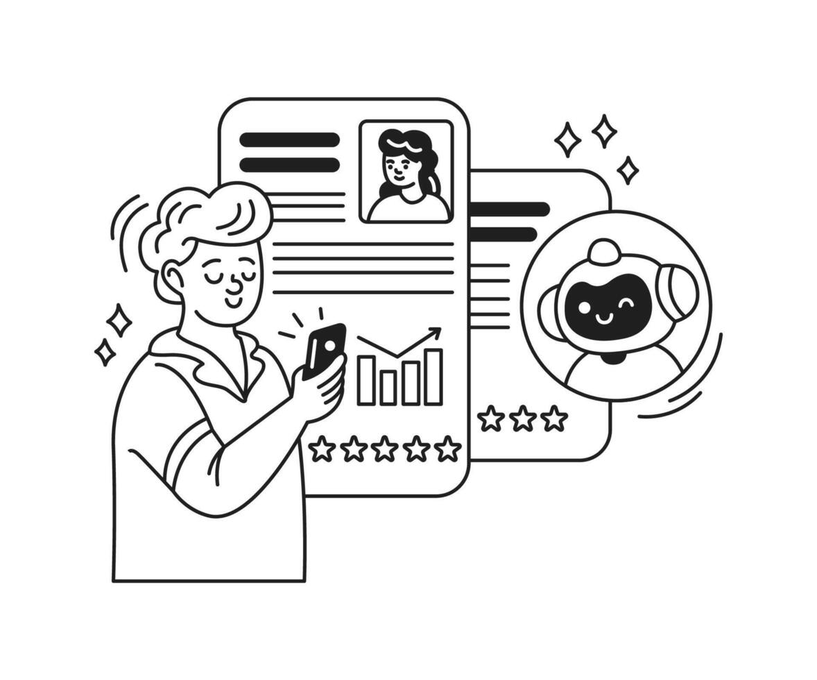 Line art of a man using a smartphone with a happy expression. Features a robot interface and digital profiles. Represents technology and innovation in communication. vector