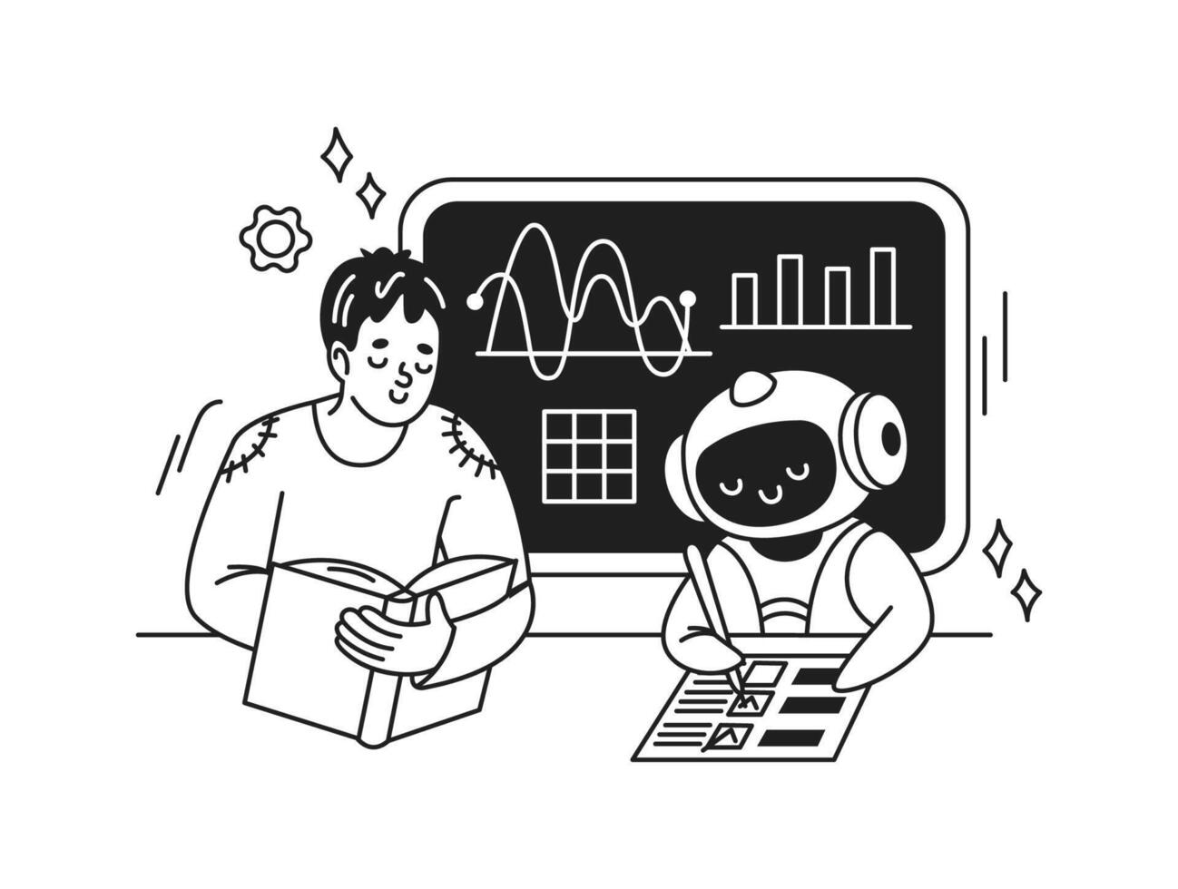 Illustration of human and robot studying together. They are engaged in learning with charts and books on a white background. Represents teamwork and technology. vector