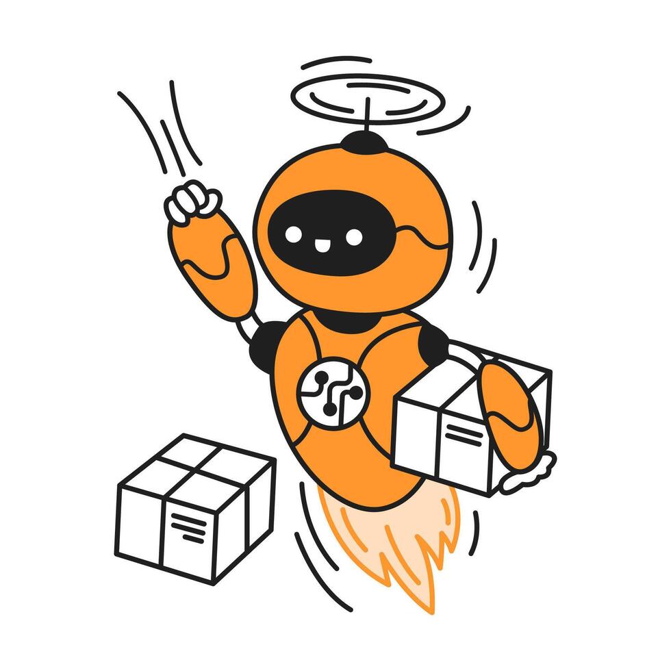 Illustration of a cheerful robot delivering packages. The robot is orange and black with a smiling face. It is flying with one box in hand. Simple white background. vector