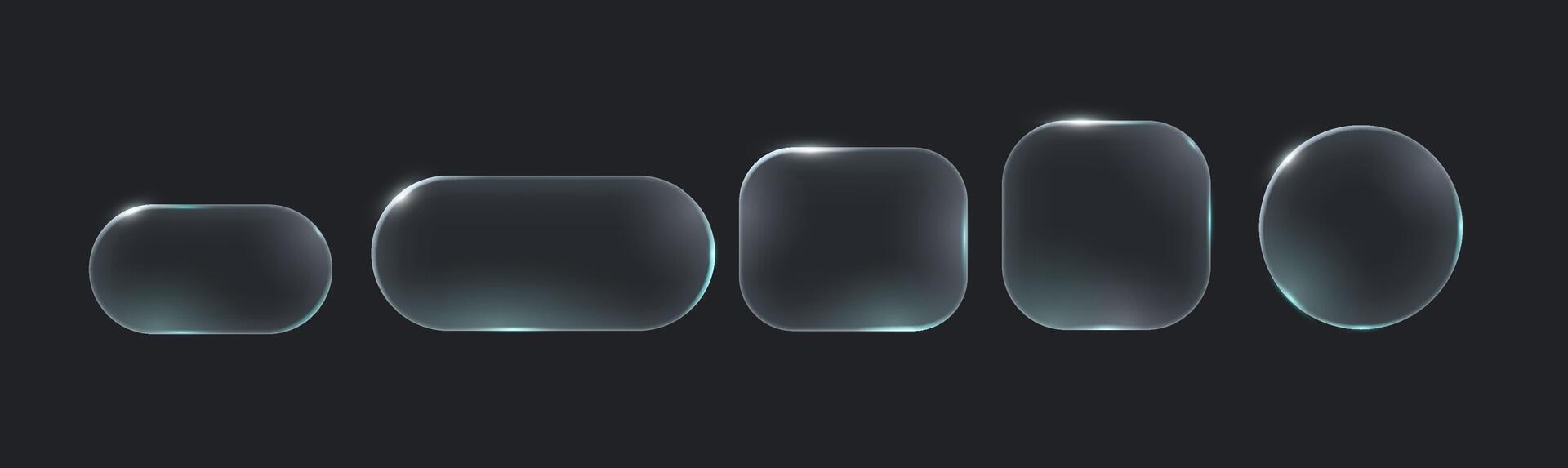 A collection of five translucent buttons in varying shapes and sizes. Each button glows softly against a dark background. Perfect for interface design concepts. vector
