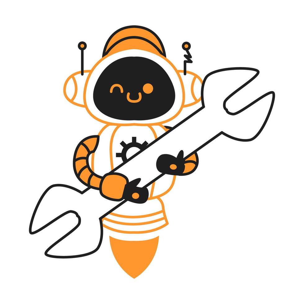 Adorable robot character holding a large wrench. The design is playful with orange and black tones. Perfect for representing technology or engineering themes. vector