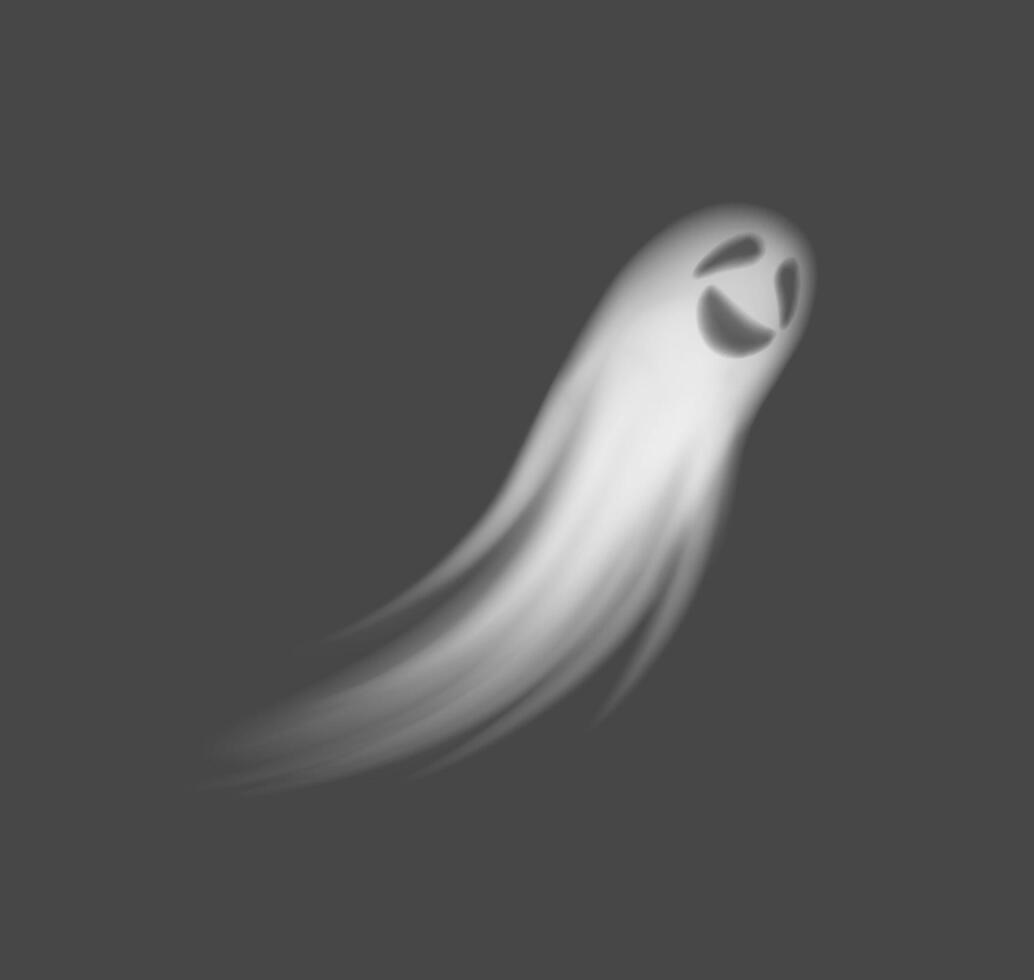 Playful ghost with happy expression gliding through dark background. White spirit with a smiling face conveys a lighthearted and friendly atmosphere. vector