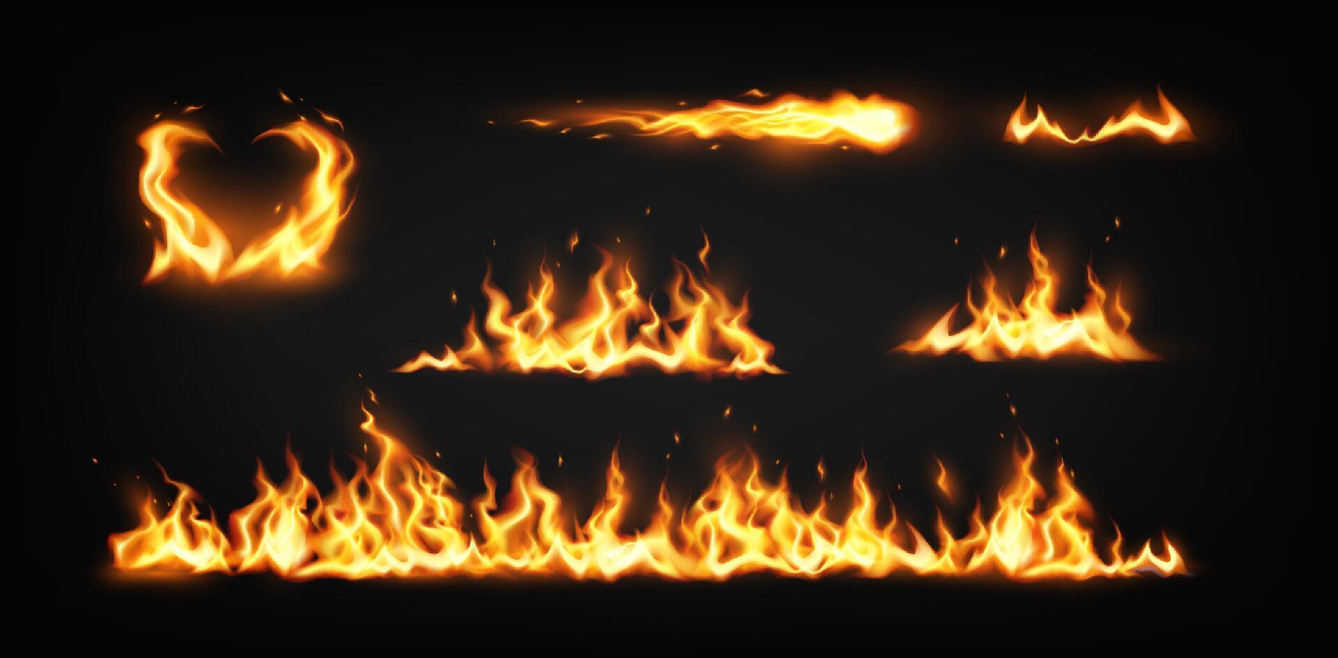 Illustration of diverse fire shapes on black background. Lively orange and yellow flames create dynamic shapes. Useful for design and graphic projects. vector