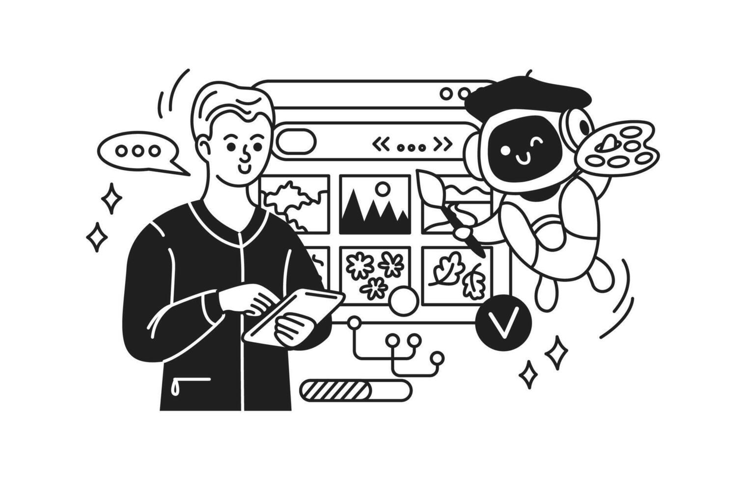 Illustration shows a person with a tablet collaborating with a robot artist. Both engage in digital creativity. Monochrome style adds emphasis on teamwork concept. vector