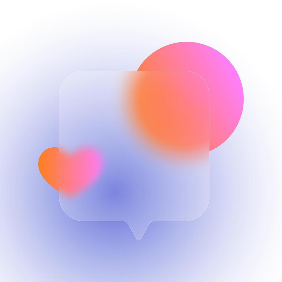 Morphism glass speech bubble featuring geometric blurry shapes and bright pink gradient on a soft blue gradient background. vector