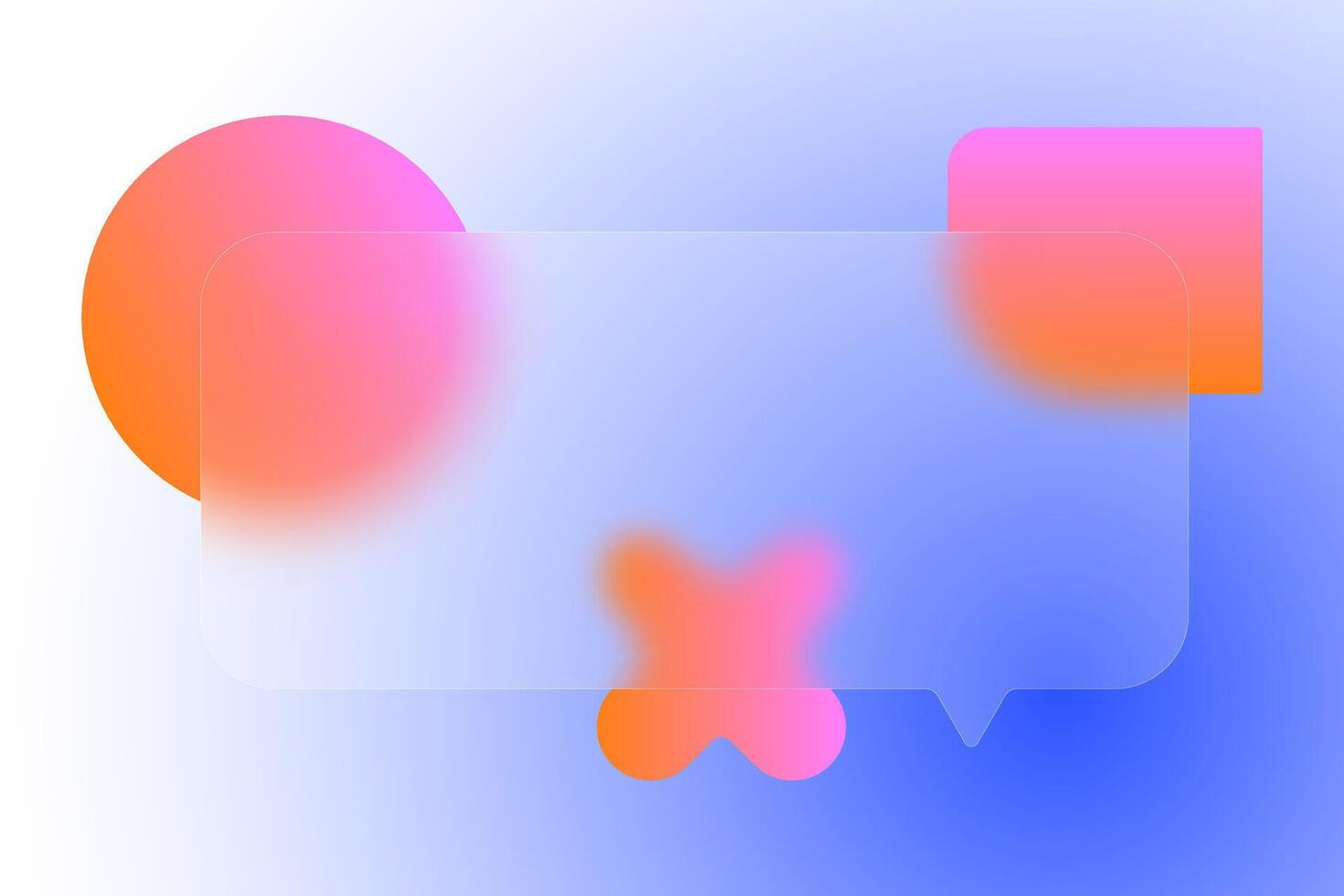 A colorful speech bubble showcases a glass morphism effect combined with various geometric shapes in bright pink hues, set against a smooth blue gradient background. vector