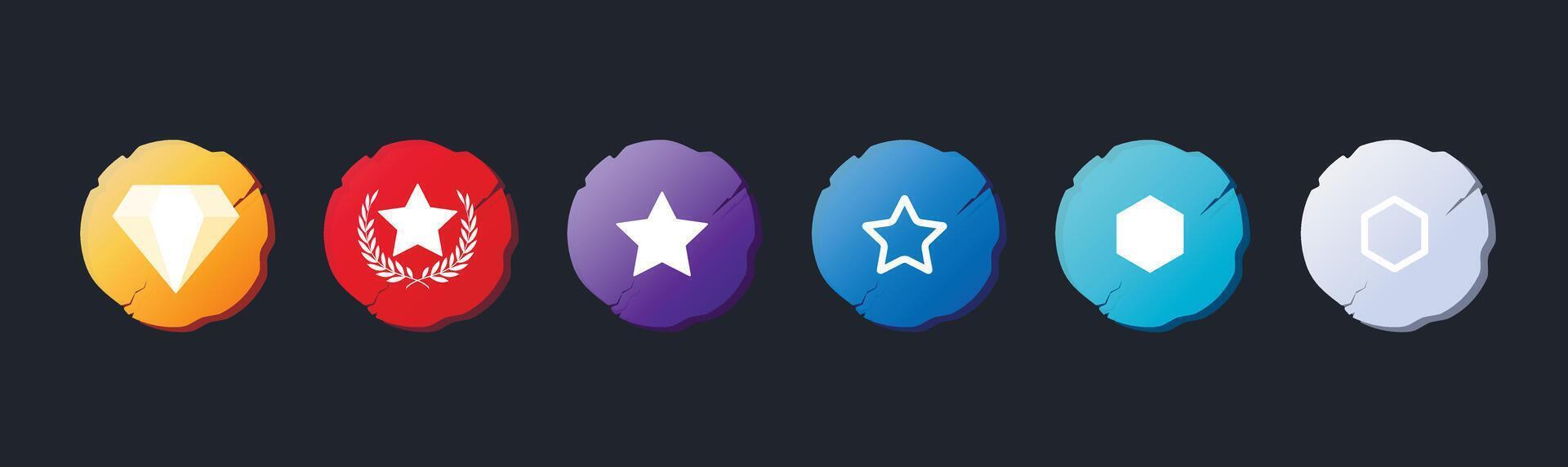 Colorful Gaming Achievement Badges. Set of colorful reward icons in different shapes symbolizing achievements, awards, levels, ranking, gamification and digital user interface elements vector