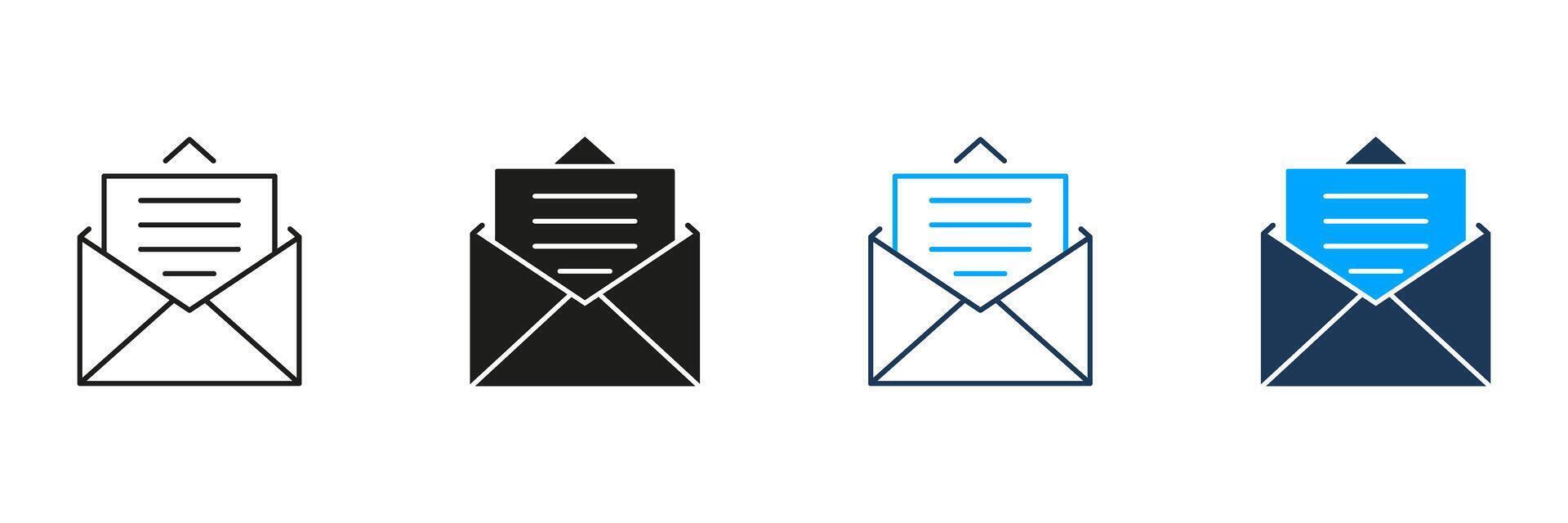 Open Envelope With Letter Line And Solid Icon Set. Email Communication, Message Sending, And Mail Notification Symbol Collection. Digital Correspondence. Isolated Illustration vector