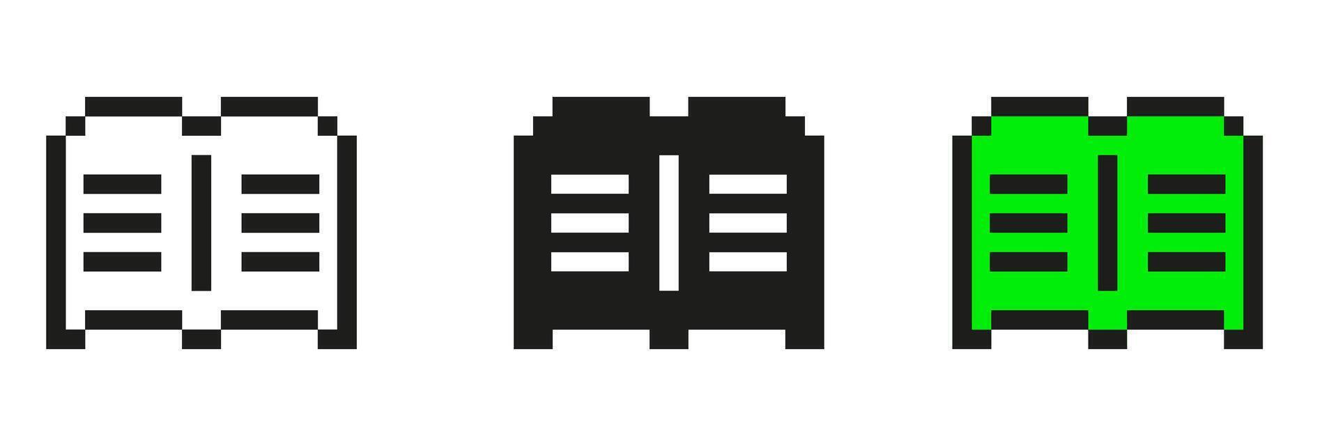 Open Book Pixel Art Icon Set. Digital Reading And Knowledge Symbol Collection. Retro Style, Minimalist Design, Isolated Illustration vector