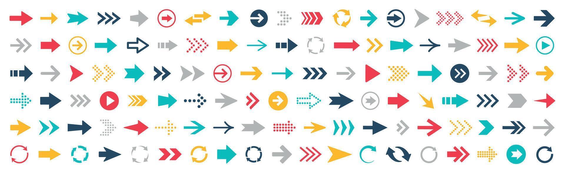 Arrow icons collection. Different colorful arrows, cursor silhouette, scroll, pointer. vector