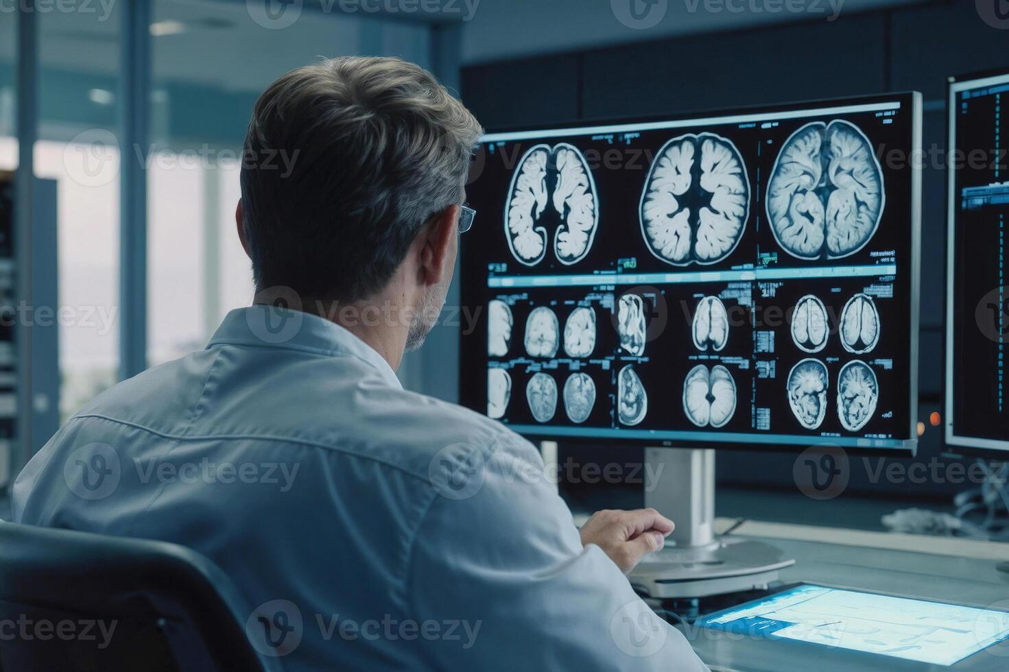 Neurologist man in a white lab coat is working on a computer with monitors displaying medical images brain. Back view photo
