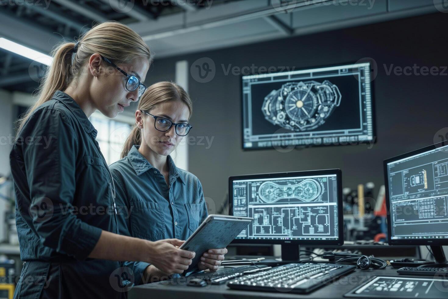 Two Female engineers with tablet computer. Team of industrial engineers, developers working on design photo