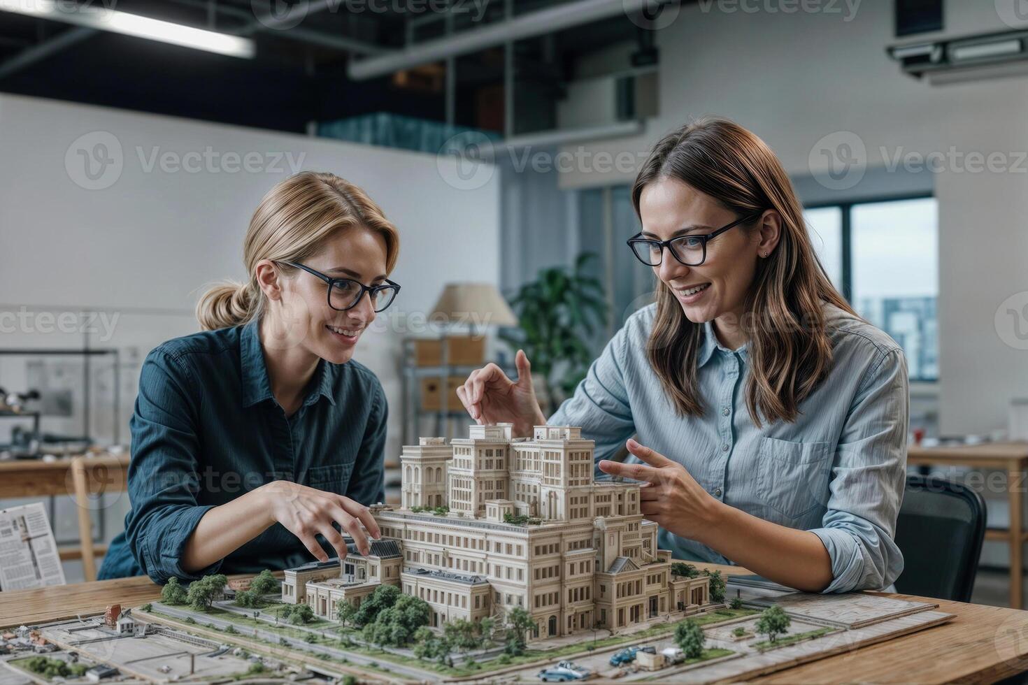 Two European women engineers architect are working on a model of an urban area. Urban planners are working on a functional model of a building. Concept of urban architecture design photo