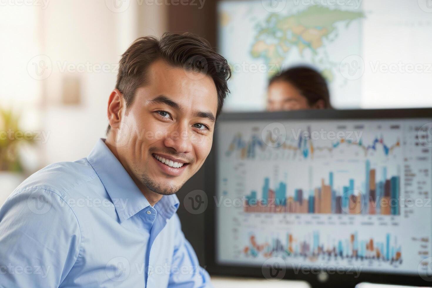 Manager man against white screen background with desktop computer charts in office photo
