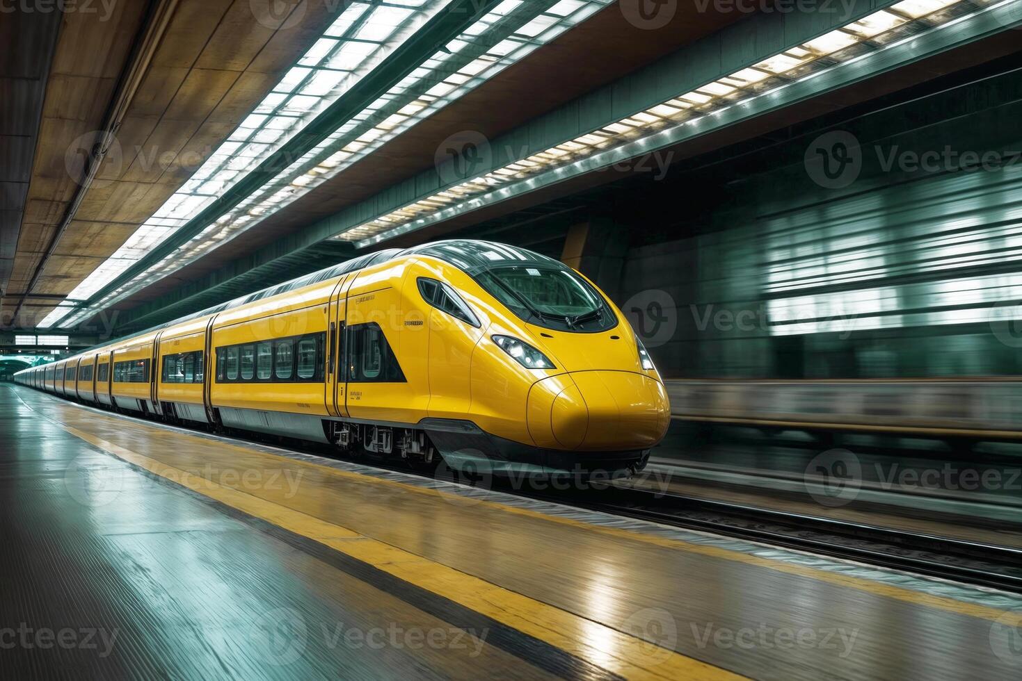 High-speed yellow train is moving through a tunnel. The train is long and has many windows. The tunnel is dark and the train is the only light source photo